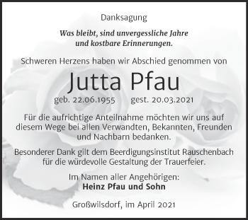 Traueranzeige von Jutta Pfau von Mitteldeutsche Zeitung Naumburg/Nebra