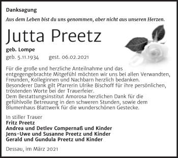 Traueranzeige von Jutta Preetz von Mitteldeutsche Zeitung Dessau-Roßlau