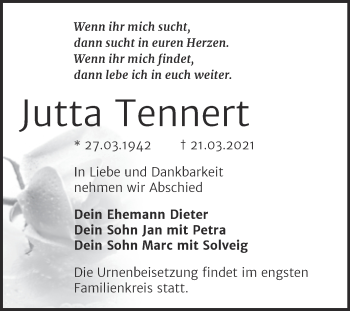 Traueranzeige von Jutta Tennert von Mitteldeutsche Zeitung Bitterfeld