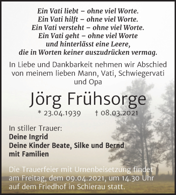 Traueranzeige von Jörg Frühsorge von Mitteldeutsche Zeitung Bitterfeld