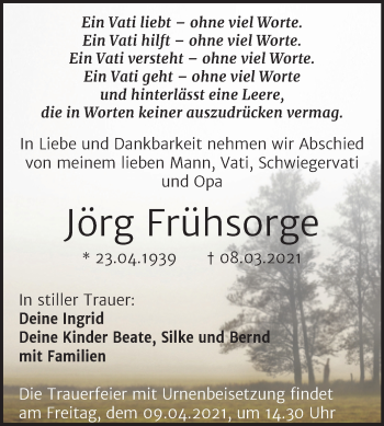 Traueranzeige von Jörg Frühsorge von Mitteldeutsche Zeitung Bitterfeld