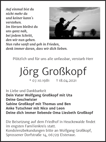 Traueranzeige von Jörg Großkopf von Trauerkombi Zeitz