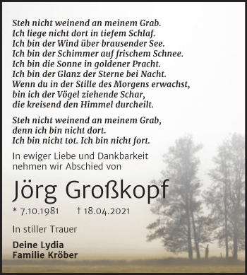Traueranzeige von Jörg Großkopf von Mitteldeutsche Zeitung Zeitz