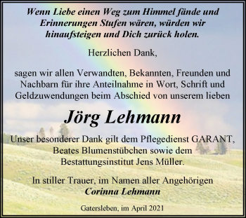 Traueranzeige von Jörg Lehmann von Mitteldeutsche Zeitung Aschersleben