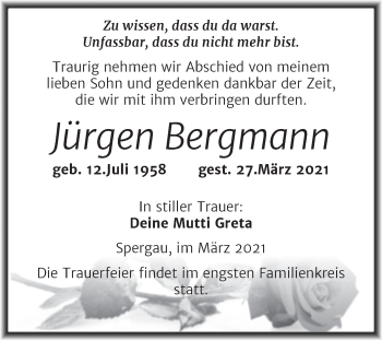 Traueranzeige von Jürgen Bergmann von Mitteldeutsche Zeitung Merseburg/Querfurt