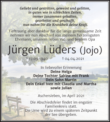 Traueranzeige von Jürgen Lüders von Mitteldeutsche Zeitung Aschersleben