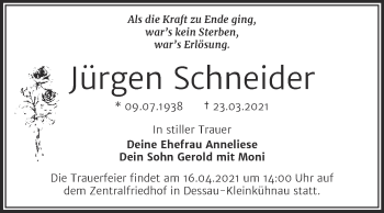 Traueranzeige von Jürgen Schneider von Mitteldeutsche Zeitung Dessau-Roßlau