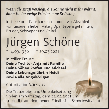 Traueranzeige von Jürgen Schöne von Mitteldeutsche Zeitung Köthen