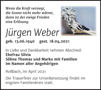 Traueranzeige von Jürgen Weber von Trauerkombi Merseburg