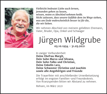 Traueranzeige von Jürgen Wildgrube von Mitteldeutsche Zeitung Wittenberg