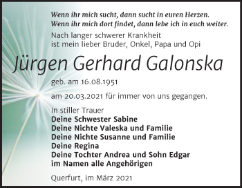 Traueranzeige von Jürgen Gerhard Galonska von Mitteldeutsche Zeitung Merseburg/Querfurt