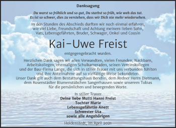 Traueranzeige von Kai-Uwe Freist von Mitteldeutsche Zeitung Sangerhausen