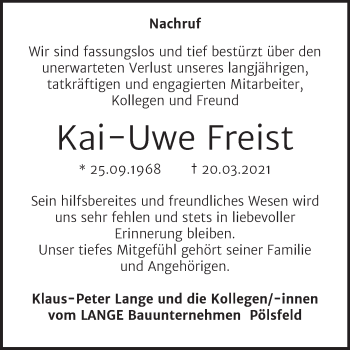 Traueranzeige von Kai-Uwe Freist von Super Sonntag Sangerhausen