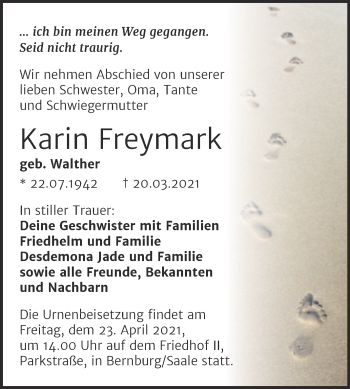 Traueranzeige von Karin Freymark von Mitteldeutsche Zeitung Bernburg