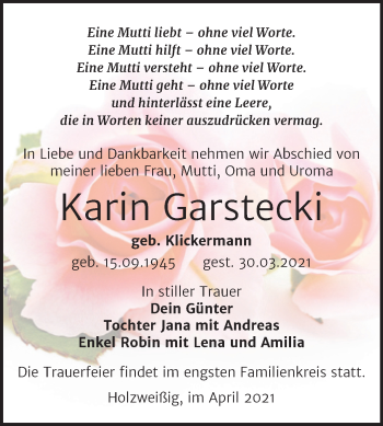 Traueranzeige von Karin Garstecki von Mitteldeutsche Zeitung Bitterfeld