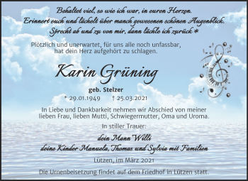 Traueranzeige von Karin Grüning von Mitteldeutsche Zeitung Weißenfels