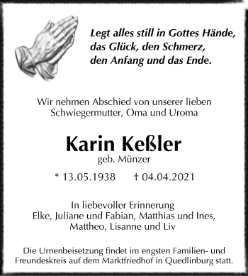 Traueranzeige von Karin Keßler von Mitteldeutsche Zeitung Quedlingburg
