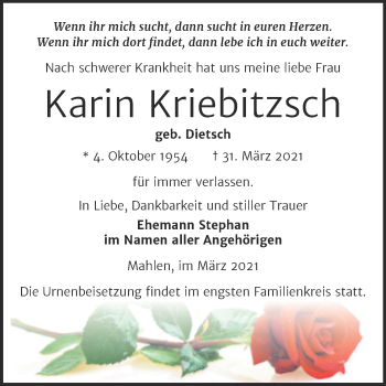 Traueranzeige von Karin Kriebitzsch von Mitteldeutsche Zeitung Zeitz