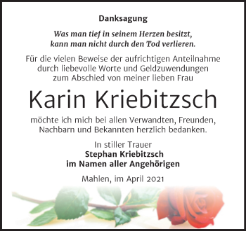 Traueranzeige von Karin Kriebitzsch von Trauerkombi Zeitz