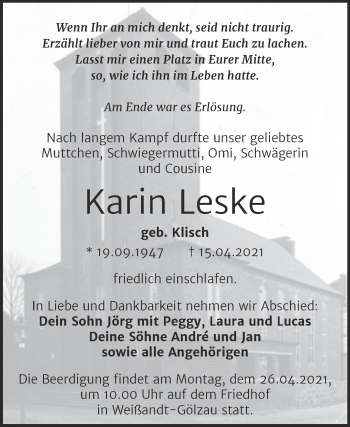 Traueranzeige von Karin Leske von Mitteldeutsche Zeitung Köthen