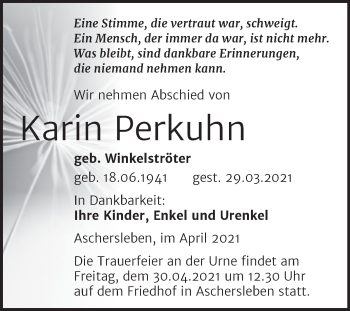 Traueranzeige von Karin Perkuhn von Mitteldeutsche Zeitung Aschersleben