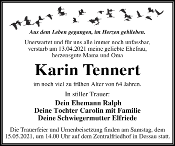 Traueranzeige von Karin Tennert von Mitteldeutsche Zeitung Dessau-Roßlau