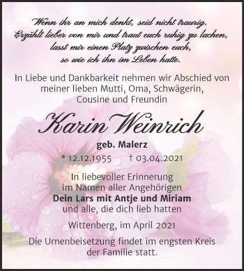 Traueranzeige von Karin Weinrich von Mitteldeutsche Zeitung Wittenberg