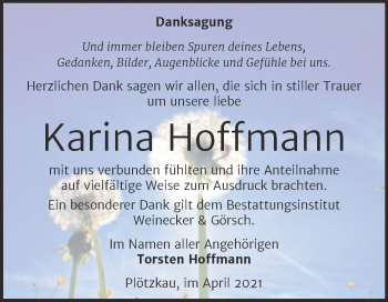 Traueranzeige von Karina Hoffmann von Trauerkombi Bernburg
