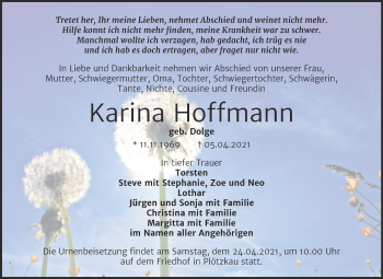 Traueranzeige von Karina Hoffmann von Mitteldeutsche Zeitung Bernburg