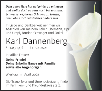 Traueranzeige von Karl Dannenberg von Mitteldeutsche Zeitung Köthen