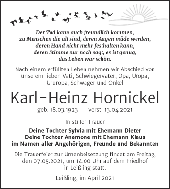 Traueranzeige von Karl-Heinz Hornickel von Mitteldeutsche Zeitung Weißenfels