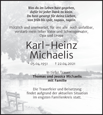 Traueranzeige von Karl-Heinz Michaelis von Trauerkombi Dessau