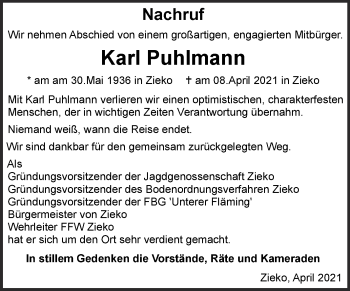 Traueranzeige von Karl Puhlmann von Super Sonntag Wittenberg