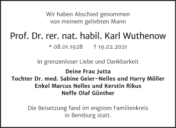 Traueranzeige von Karl Wuthenow von Mitteldeutsche Zeitung Bernburg
