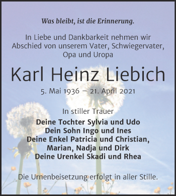 Traueranzeige von Karl Heinz Liebich von Trauerkombi Bitterfeld