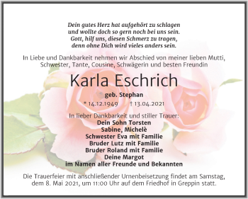 Traueranzeige von Karla Eschrich von Mitteldeutsche Zeitung Bitterfeld