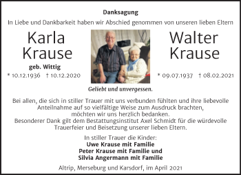 Traueranzeige von Karla und Walter Krause von Wochenspiegel Naumburg/Nebra