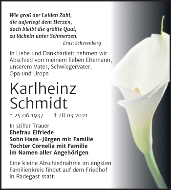 Traueranzeige von Karlheinz Schmidt von Mitteldeutsche Zeitung Köthen
