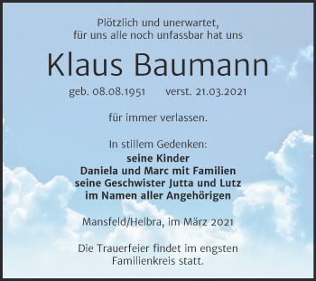 Traueranzeige von Klaus Baumann von Mitteldeutsche Zeitung Mansfelder Land