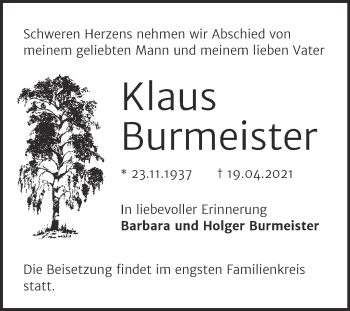 Traueranzeige von Klaus Burmeister von Mitteldeutsche Zeitung Halle/Saalkreis
