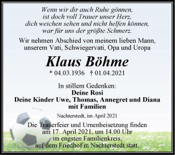 Traueranzeige von Klaus Böhme von Mitteldeutsche Zeitung Aschersleben