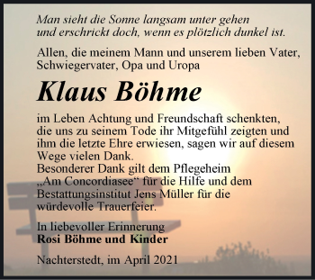 Traueranzeige von Klaus Böhme von Trauerkombi Aschersleben