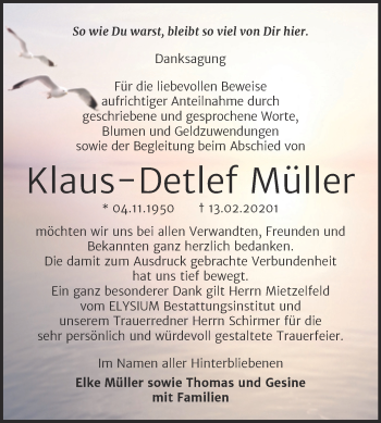 Traueranzeige von Klaus-Detlef Müller von Mitteldeutsche Zeitung Halle/Saalkreis