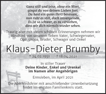Traueranzeige von Klaus-Dieter Brumby von Trauerkombi Quedlinburg
