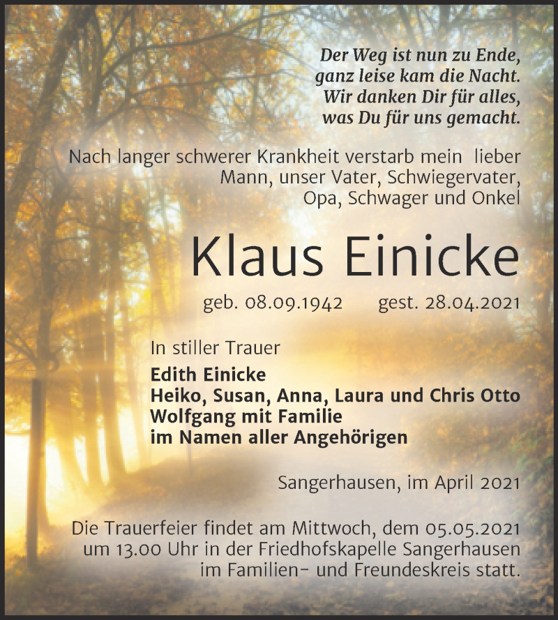  Traueranzeige für Klaus Einicke vom 30.04.2021 aus Mitteldeutsche Zeitung Sangerhausen