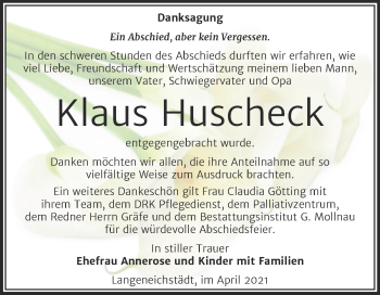 Traueranzeige von Klaus Huscheck von Mitteldeutsche Zeitung Merseburg/Querfurt