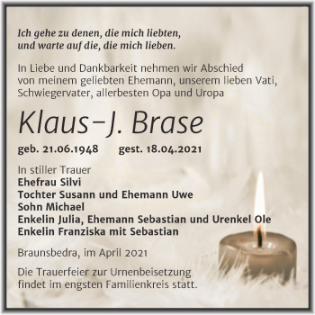 Traueranzeige von Klaus-J. Brase von Mitteldeutsche Zeitung Merseburg/Querfurt