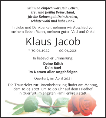 Traueranzeige von Klaus Jacob von Mitteldeutsche Zeitung Merseburg/Querfurt