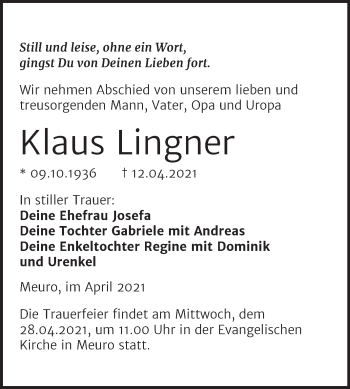 Traueranzeige von Klaus Lingner von Mitteldeutsche Zeitung Wittenberg