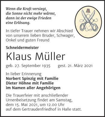 Traueranzeige von Klaus Müller von Mitteldeutsche Zeitung Halle/Saalkreis